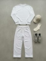 Мужской Базовый Белый Спортивный Костюм Свободного Кроя - Свитшот + Широкие Штаны