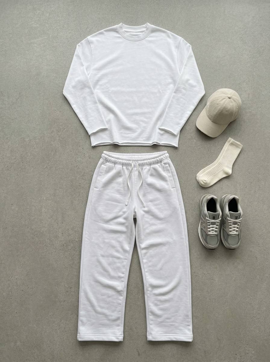 photo_2026-04-07_11-51-22 Мужской Базовый Белый Спортивный Костюм Свободного Кроя - Свитшот + Широкие Штаны