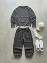 Мужской Базовый Темно-Серый Спортивный Костюм Свободного Кроя - Свитшот + Широкие Штаны