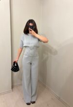 Женский Трикотажный Серый Костюм на Заклепках - Приаталенна Кофта + Свободные Штаны