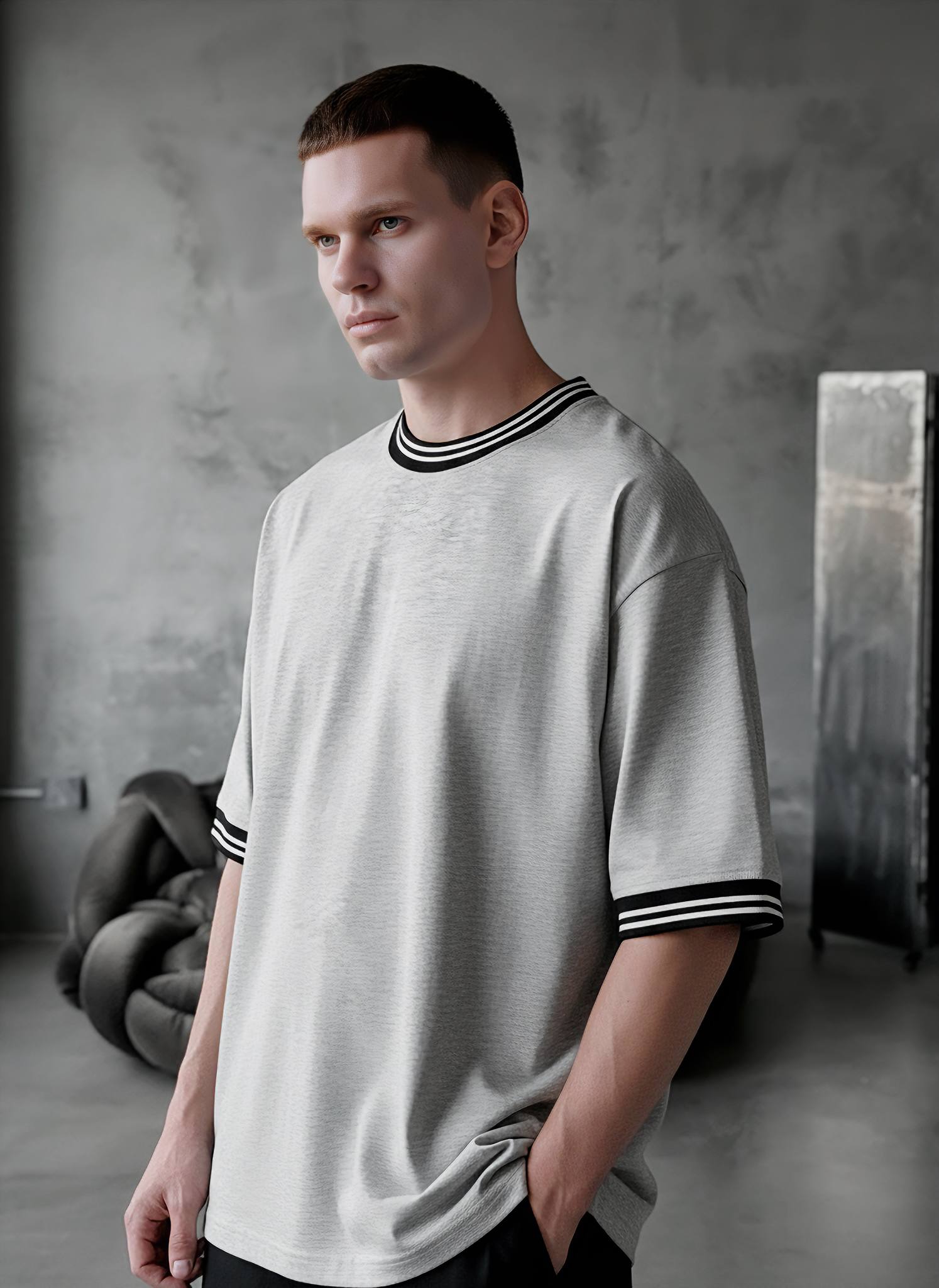 photo_2026-04-09_09-28-23 (2) Мужская Футболка Серая Меланж Оверсайз - Объемная Базовая с Окантовкой