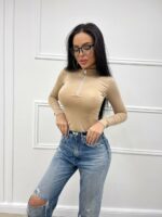 Женское Базовое Бежевое Боди с Длинными Рукавами и Змейкой под Горло