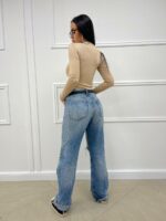 Женское Базовое Бежевое Боди с Длинными Рукавами и Змейкой под Горло