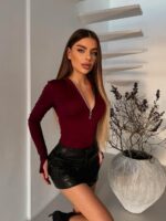 Женское Базовое Бордовое Боди с Длинными Рукавами и Змейкой под Горло