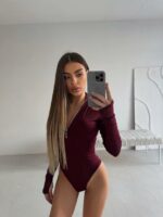 Женское Базовое Бордовое Боди с Длинными Рукавами и Змейкой под Горло