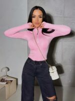 Женское Базовое Розовое Боди с Длинными Рукавами и Змейкой под Горло