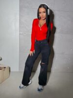 Женское Базовое Красное Боди с Длинными Рукавами и Змейкой под Горло