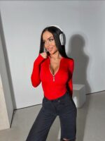 Женское Базовое Красное Боди с Длинными Рукавами и Змейкой под Горло