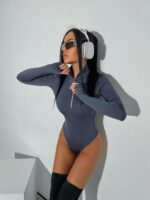 Женское Базовое Графитовое Боди с Длинными Рукавами и Змейкой под Горло