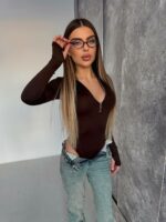 Женское Базовое Коричневое Боди с Длинными Рукавами и Змейкой под Горло