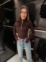 Женское Базовое Коричневое Боди с Длинными Рукавами и Змейкой под Горло