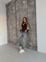 Женское Базовое Коричневое Боди с Длинными Рукавами и Змейкой под Горло