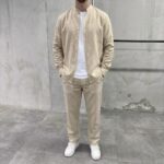 Мужской Базовый Льняной Бежевый Костюм - Рубашка + Штаны