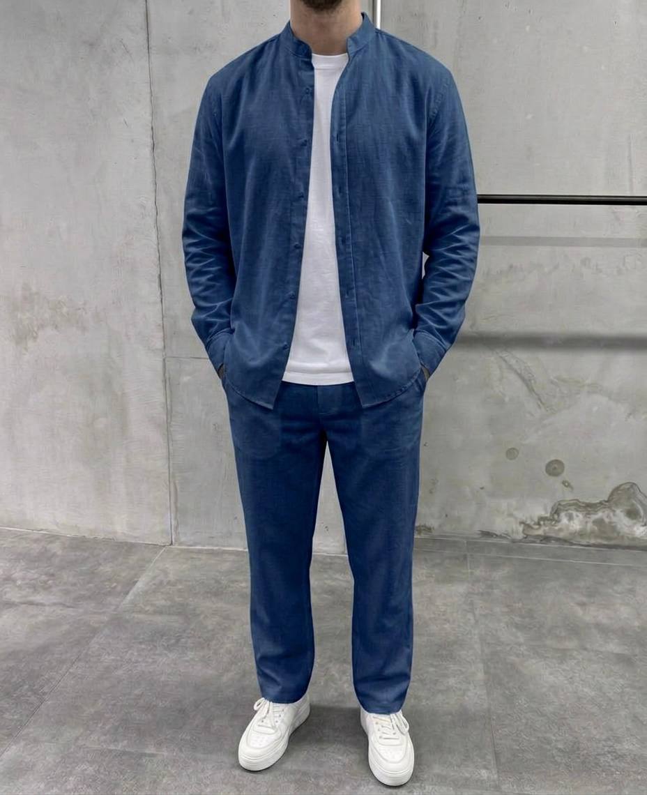 photo_2026-04-10_09-20-19 (2) Мужской Базовый Льняной Синий Костюм - Рубашка + Штаны
