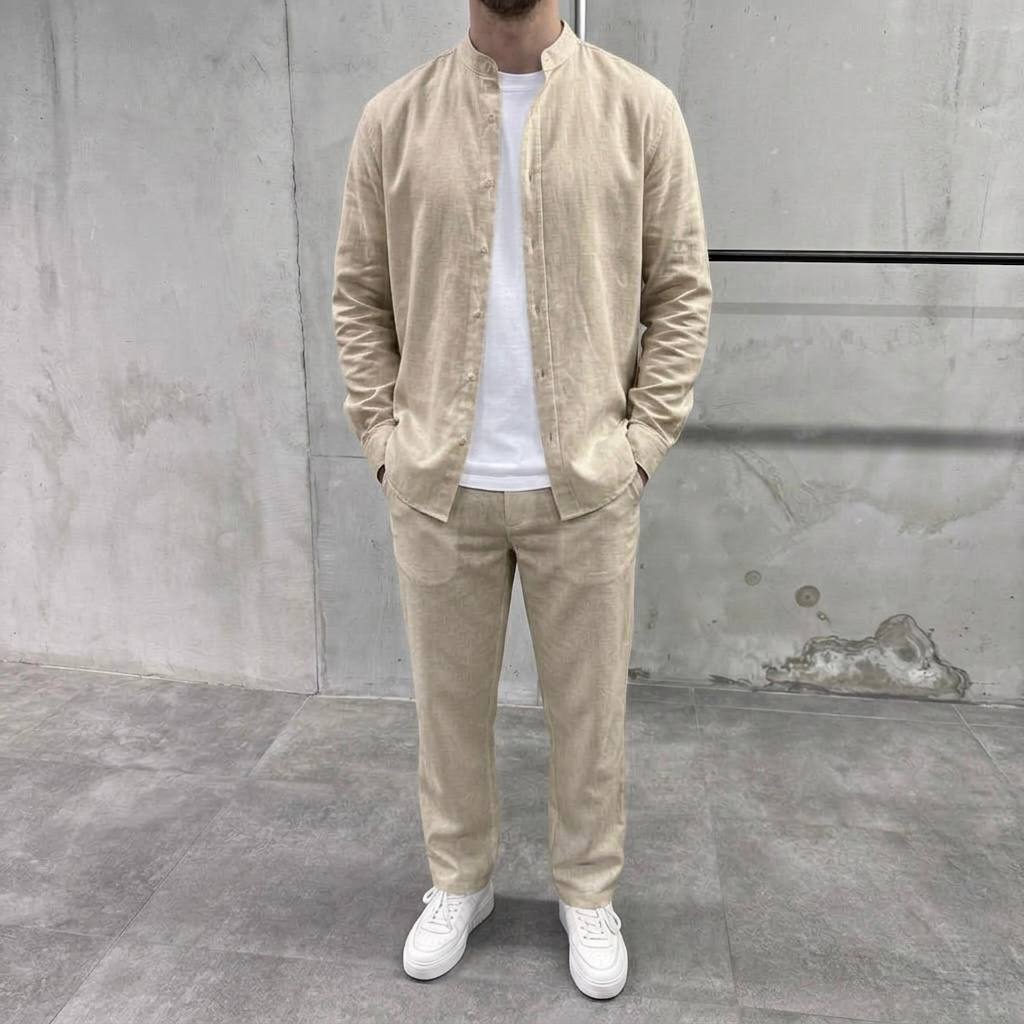 photo_2026-04-10_09-20-19 Мужской Базовый Льняной Бежевый Костюм - Рубашка + Штаны