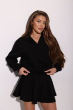Женский Свободный Черный Костюм Двойка - Кофта с Воротником + Юбка Мини