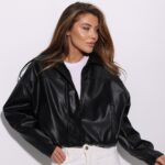 Женская Укороченная Черная Кожаная Куртка Свободного Кроя