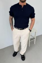 Мужская Классическая Вязаная Темно-Синяя Футболка в Стиле Old Money