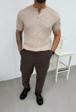 Мужская Классическая Вязаная Бежевая Футболка в Стиле Old Money