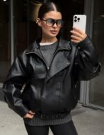 Женская Объемная Черная Кожаная Куртка - Оверсайз Бомбер
