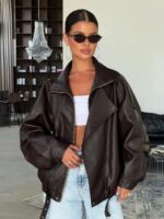Женская Объемная Коричневая Кожаная Куртка - Оверсайз Бомбер