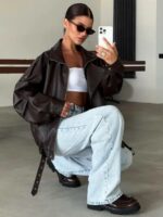 Женская Объемная Коричневая Кожаная Куртка - Оверсайз Бомбер