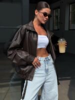 Женская Объемная Коричневая Кожаная Куртка - Оверсайз Бомбер