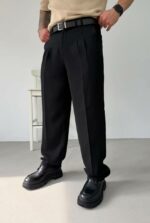 Мужские Классические Широкие Черные Штаны Брюки Багги с Защелками и Стрелками