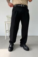 Мужские Классические Широкие Черные Штаны Брюки Багги с Защелками и Стрелками