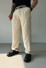 Мужские Классические Широкие Бежевые Штаны Брюки Багги с Защелками и Стрелками