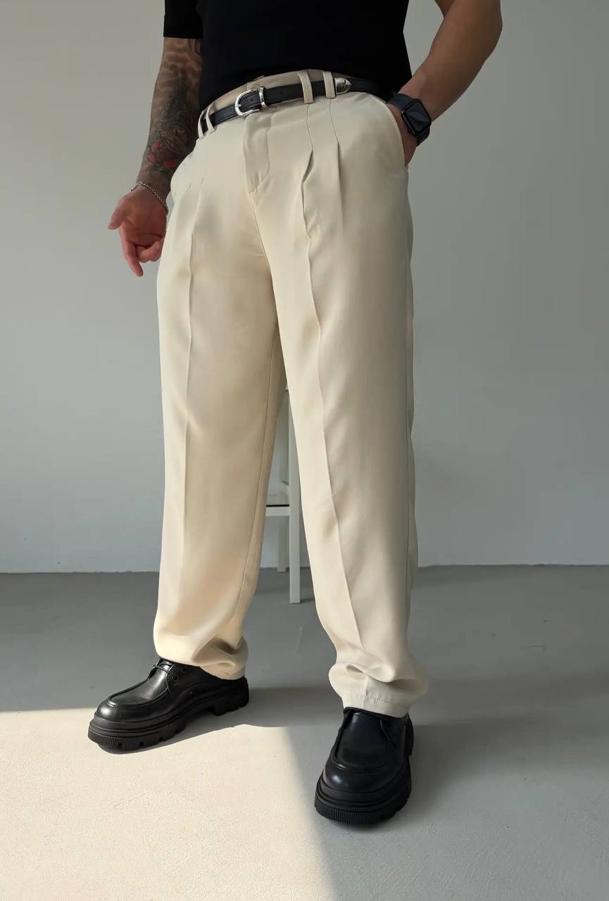 photo_2026-04-12_08-22-25 Мужские Классические Широкие Бежевые Штаны Брюки Багги с Защелками и Стрелками