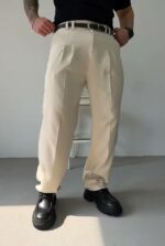 Мужские Классические Широкие Бежевые Штаны Брюки Багги с Защелками и Стрелками