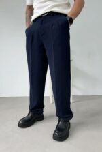 Мужские Классические Широкие Темно-Синие Штаны Брюки Багги с Защелками и Стрелками