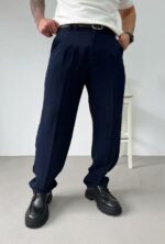 Мужские Классические Широкие Темно-Синие Штаны Брюки Багги с Защелками и Стрелками