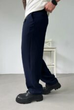 Мужские Классические Широкие Темно-Синие Штаны Брюки Багги с Защелками и Стрелками