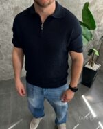 Мужская Свободная Базовая Темно-Синяя Футболка Поло с Воротником на Змейке