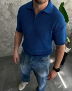 Мужская Свободная Базовая Синяя Футболка Поло с Воротником на Змейке