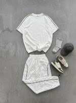 Мужской Базовый Белый Костюм Свободного Кроя с Кантом - Хлопковая Футболка + Штаны Плащевка