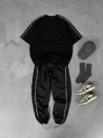 Мужской Базовый Черный Костюм Свободного Кроя с Кантом - Хлопковая Футболка + Штаны Плащевка