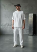 Мужской Базовый Белый Костюм Свободного Кроя с Кантом - Хлопковая Футболка + Штаны Плащевка