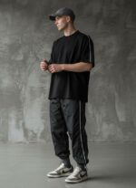 Мужской Базовый Черный Костюм Свободного Кроя с Кантом - Хлопковая Футболка + Штаны Плащевка
