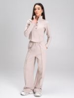 Женский Бежевый Костюм Двойка - Приталенная Кофта + Широкие Штаны