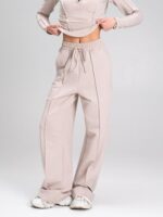 Женский Бежевый Костюм Двойка - Приталенная Кофта + Широкие Штаны