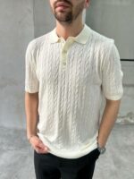 Мужская Базовая Молочная Футболка Поло с Узором Косичка