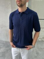 Мужская Базовая Темно-Синяя Футболка Поло с Узором Косичка