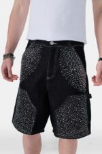 Мужские Черные Джинсовые Шорты - Широкие в Камнях Сразах