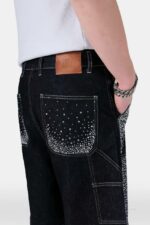 Мужские Черные Джинсовые Шорты - Широкие в Камнях Сразах