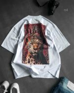 Мужская Летняя Белая Футболка Оверсайз - Объемная Хлопковая с Принтом Леопард на Спине