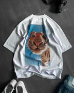 Мужская Летняя Белая Футболка Оверсайз - Объемная Хлопковая с Принтом Тигр на Спине