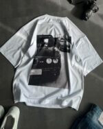 Мужская Летняя Белая Футболка Оверсайз - Объемная Хлопковая с Принтом Машина на Спине